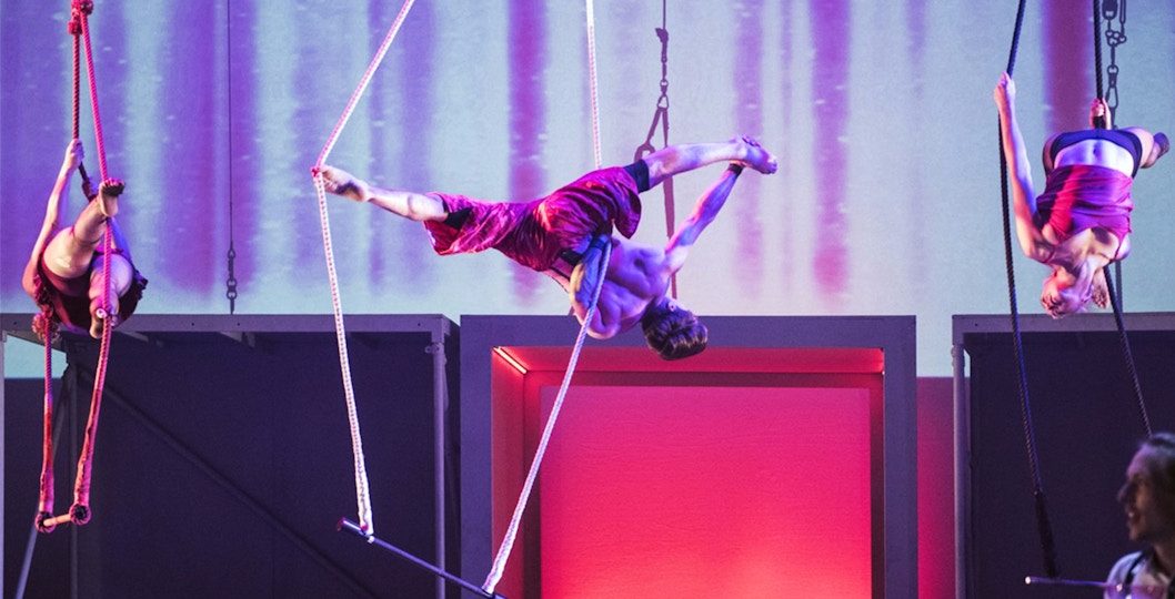 Aerial performers in a SOHO circus show with vibrant lighting.