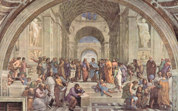 Vatican Museums fresco depicting philosophers in a grand hall.