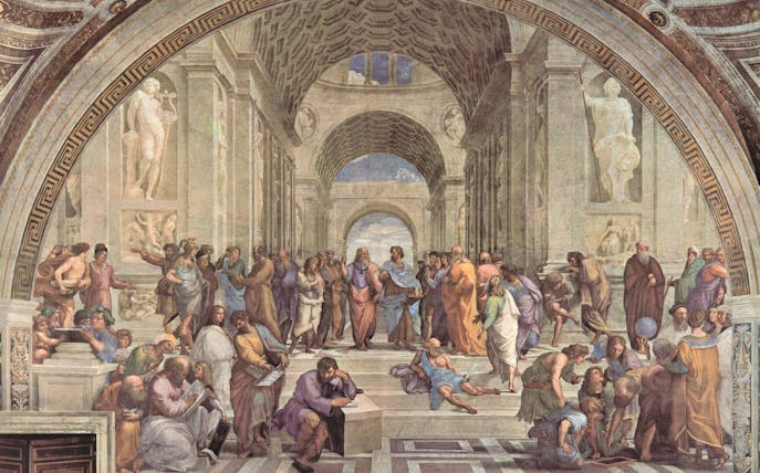 Vatican Museums fresco depicting philosophers in a grand hall.
