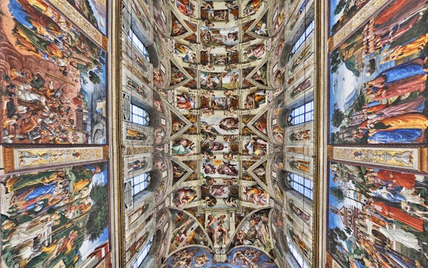 Sistine Chapel ceiling frescoes in Vatican Museums, part of Combo: Vatican Museums + Vatican Gardens tour.