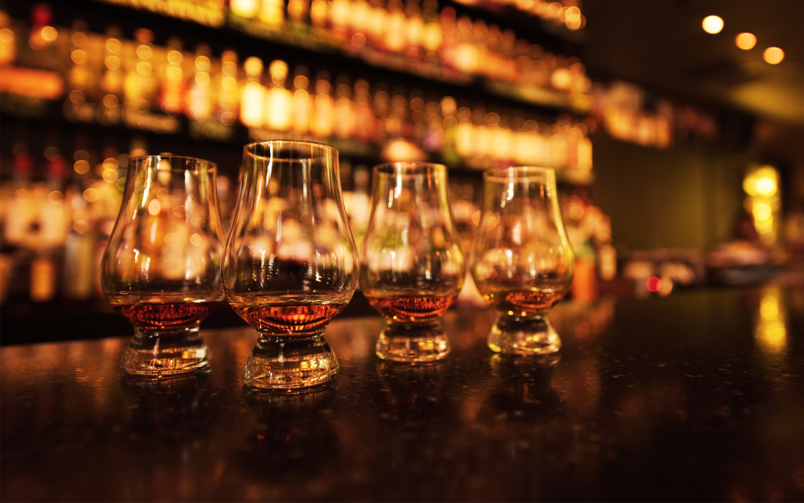 Whisky glasses on a bar at the Spring 2017 Whisky Tasting & Jazz Event.