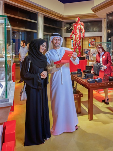 Visitors exploring Marvel exhibits at IMG Worlds of Adventure, Dubai.