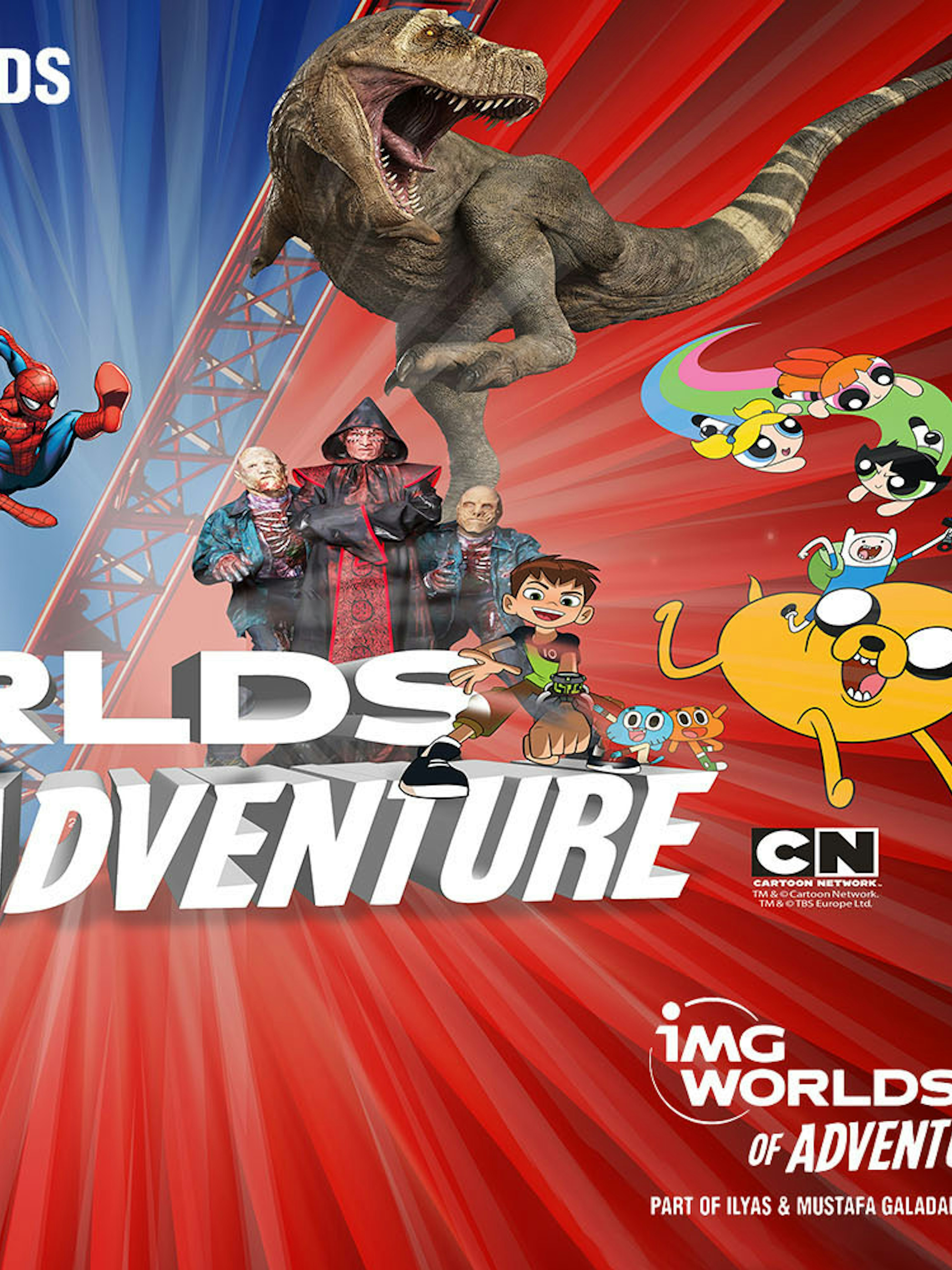 IMG Worlds of Adventure characters and attractions collage for Ultimate Fast Track Tickets.