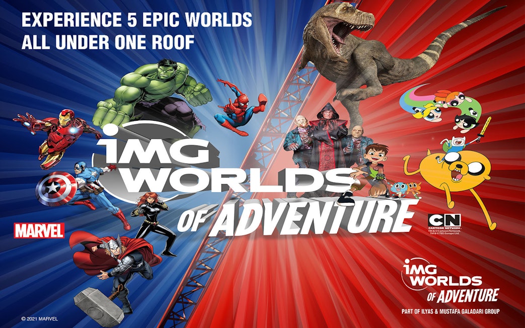 IMG Worlds of Adventure characters and attractions collage for Ultimate Fast Track Tickets.