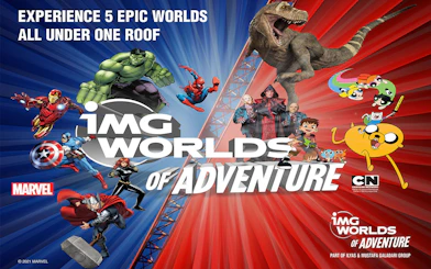 IMG Worlds of Adventure characters and attractions collage for Ultimate Fast Track Tickets.