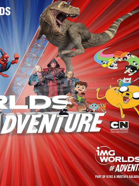 IMG Worlds of Adventure characters and attractions collage for Ultimate Fast Track Tickets.