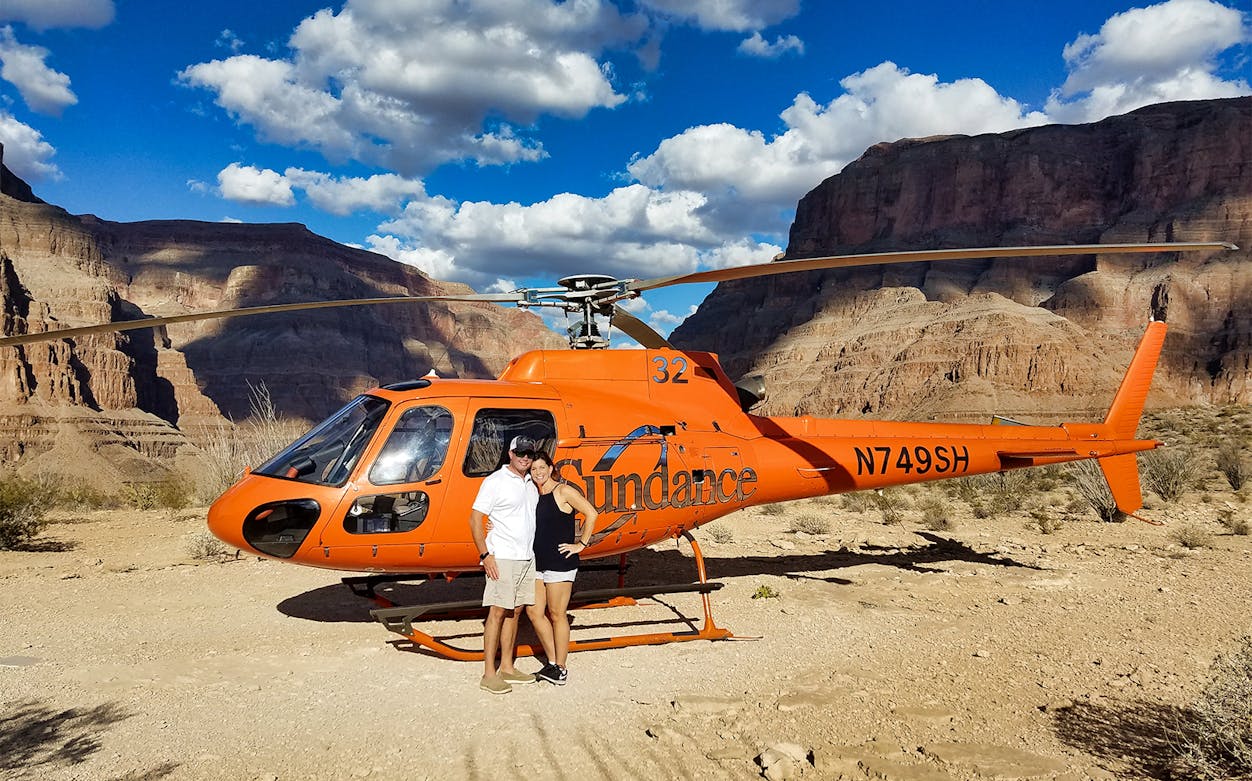 Helicopter on the ground at Grand Canyon during Hoover Dam bus tour from Las Vegas.