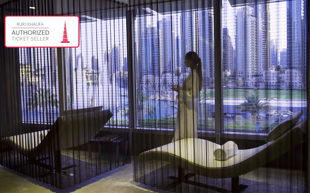 Spa treatment room with city view at The Burj Club, Dubai.