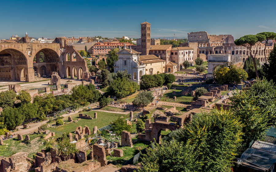 Roman Forum with Colosseum and Basilica of Maxentius in Rome, Italy.