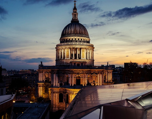 St. Paul's Cathedral at sunset, London, view from rooftop.