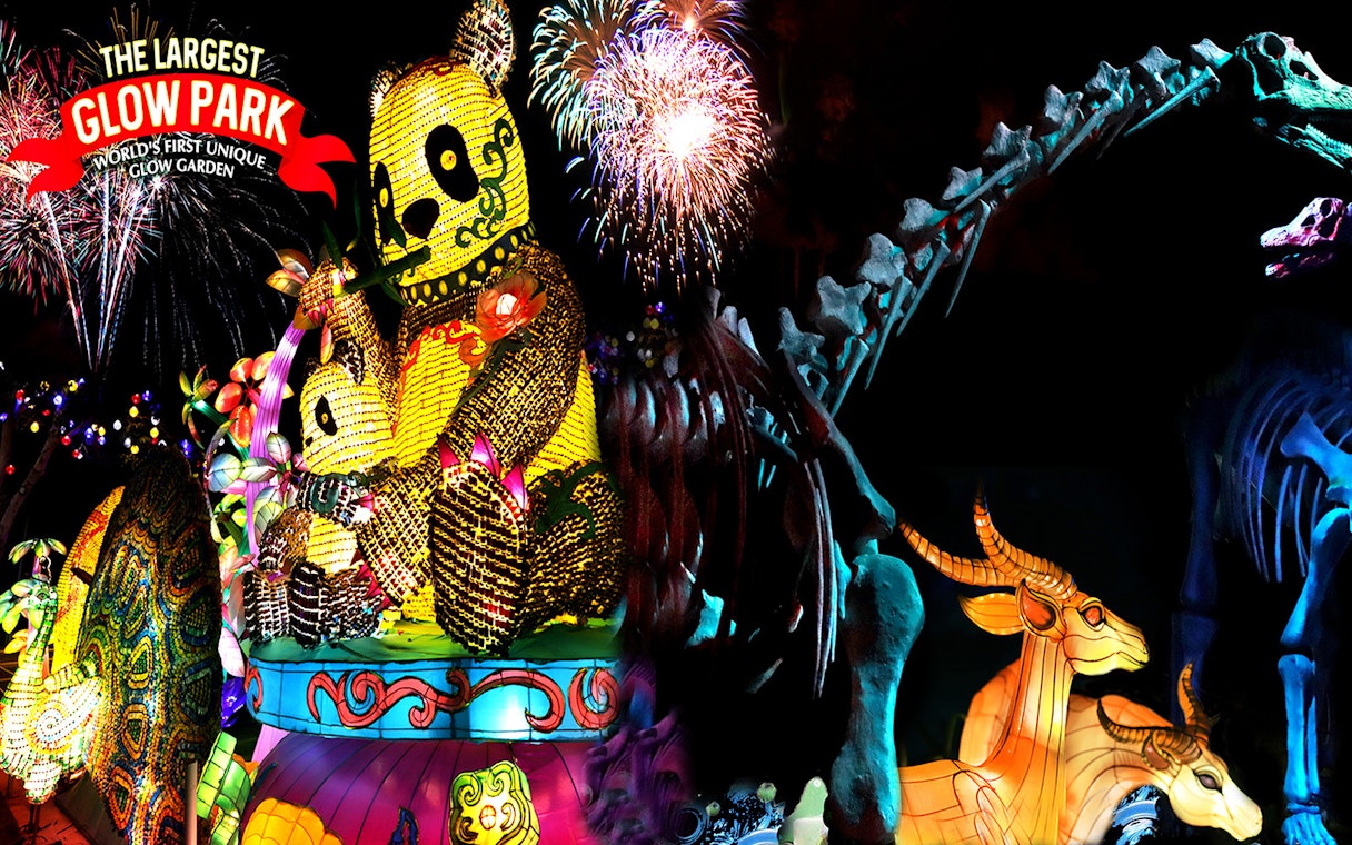 Illuminated animal sculptures and fireworks at Dubai Garden Glow.