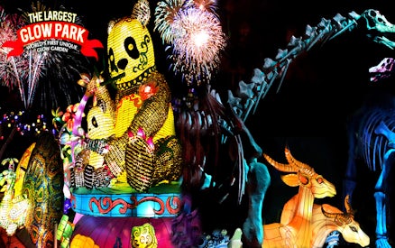 Illuminated animal sculptures and fireworks at Dubai Garden Glow.