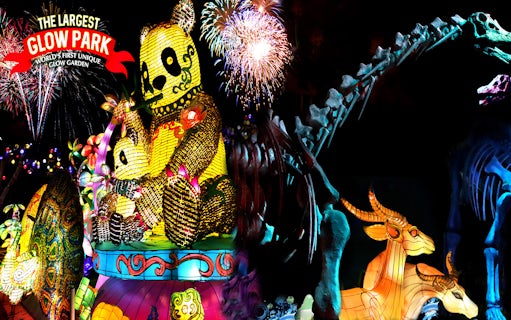 Illuminated animal sculptures and fireworks at Dubai Garden Glow.