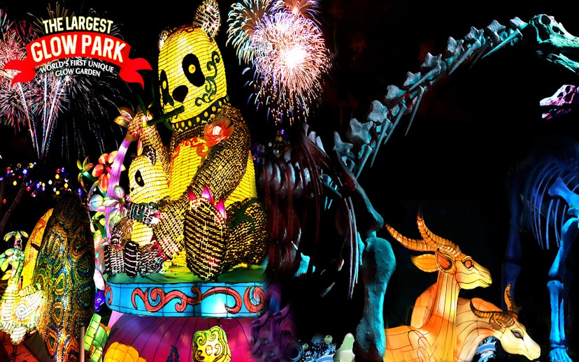 Illuminated animal sculptures and fireworks at Dubai Garden Glow.