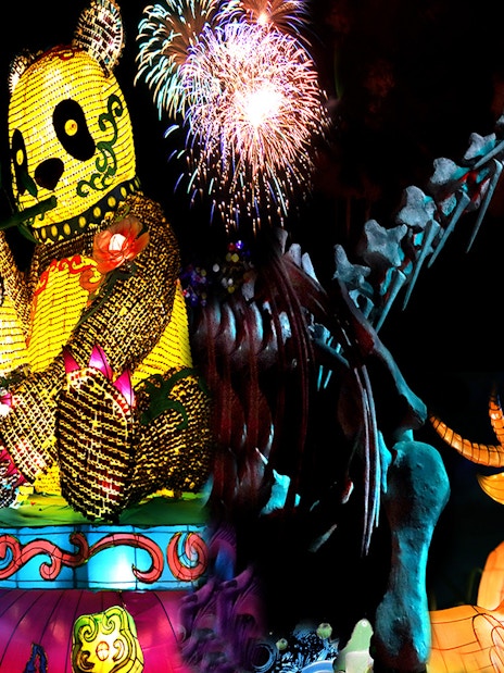 Illuminated animal sculptures and fireworks at Dubai Garden Glow.