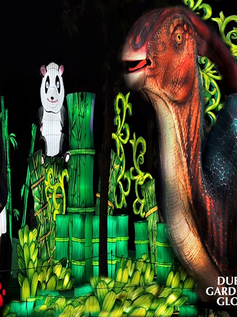 Panda and dinosaur light installations at Dubai Garden Glow.