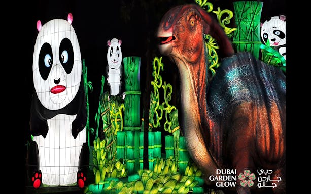 Panda and dinosaur light installations at Dubai Garden Glow.