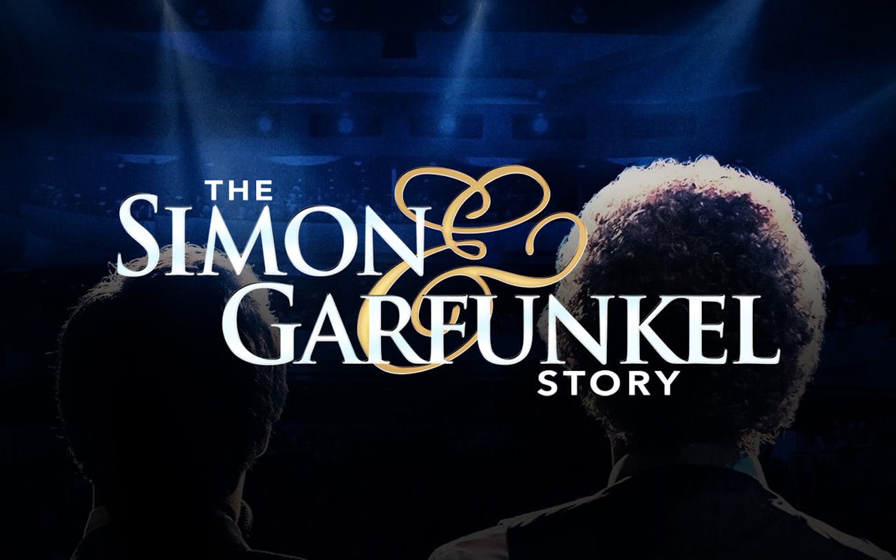 The Simon and Garfunkel Story logo with stage lights in background.