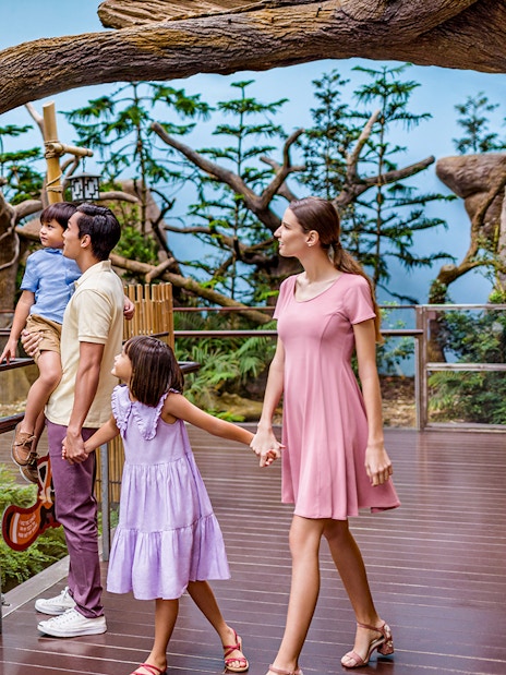 Family observing a red panda at River Wonders exhibit.