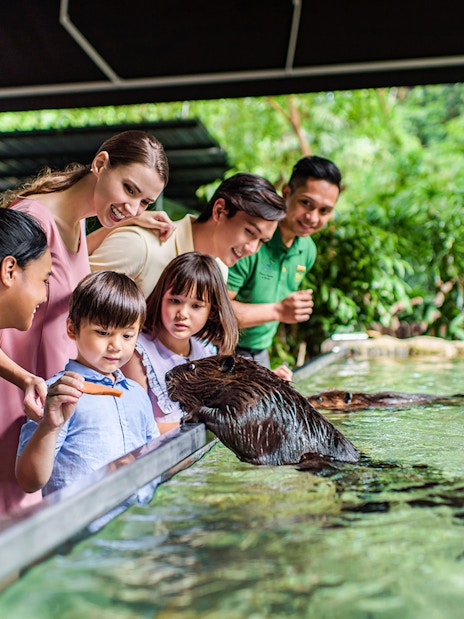 Family interacting with otter at Singapore River Wonders.