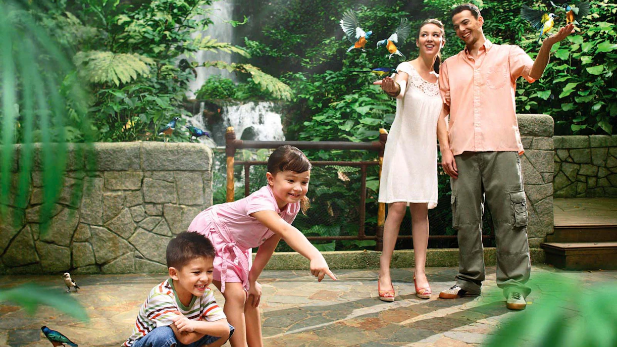 A family playing with birds at Bird Paradise, Singapore