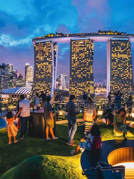 Visitors enjoying the view from Supertree Observatory at Gardens by the Bay, Singapore.