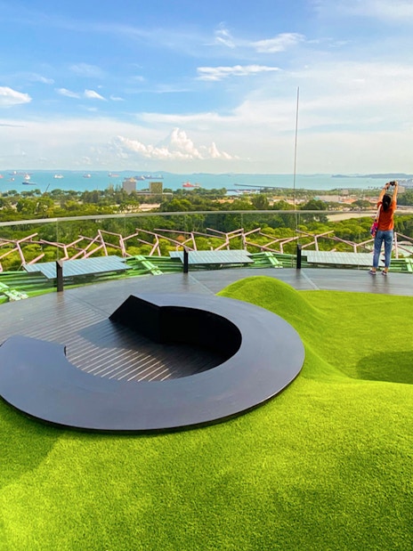 Supertree Observatory view with lush greenery and distant ocean, Singapore.