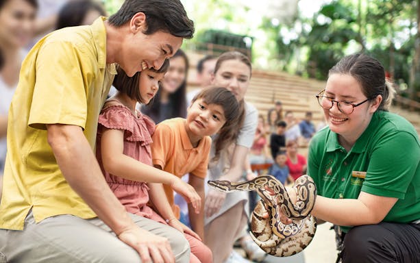 Family interacting with a snake at Singapore Zoo show.