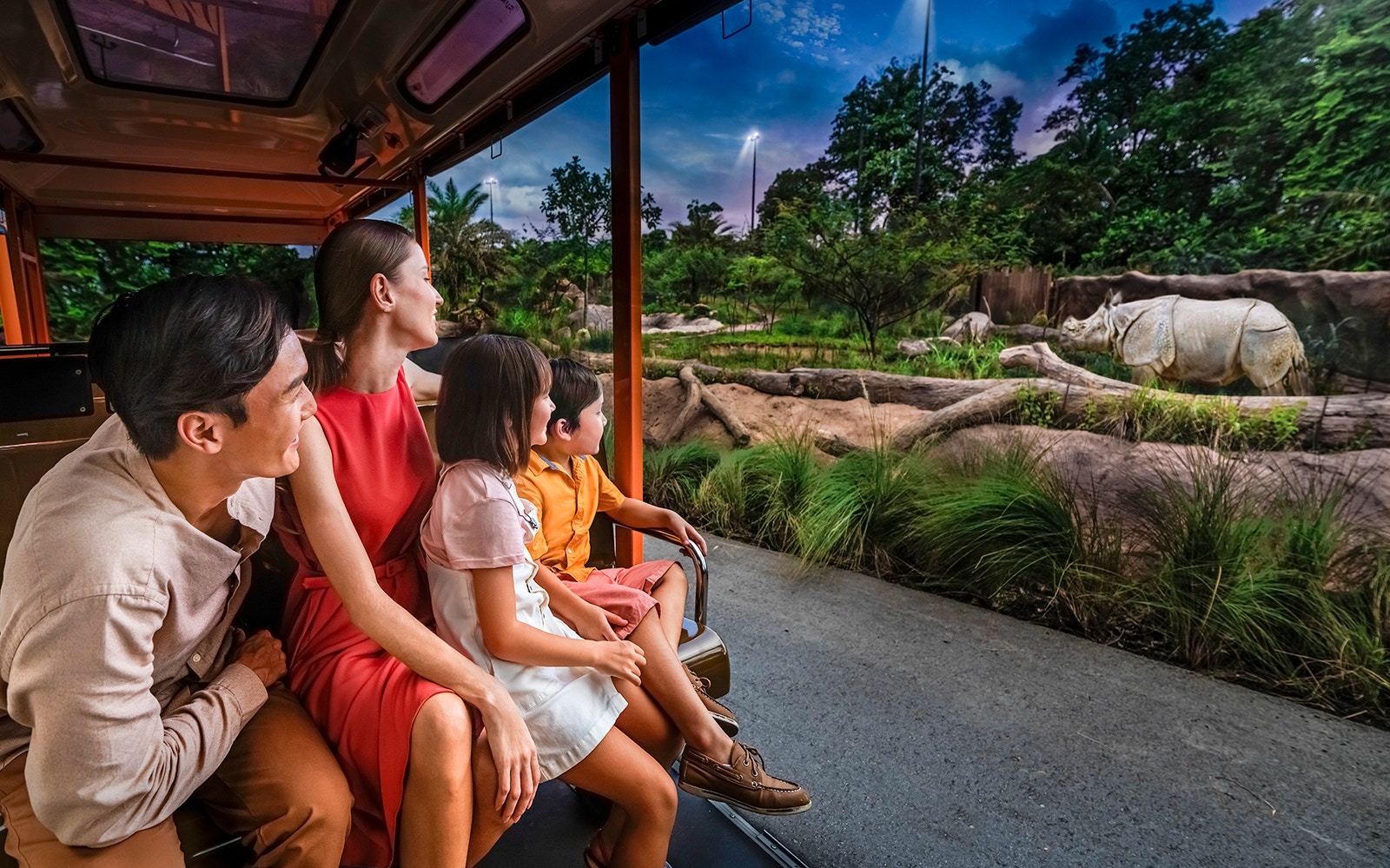 Family observing rhinoceroses from tram at Singapore Night Safari.
