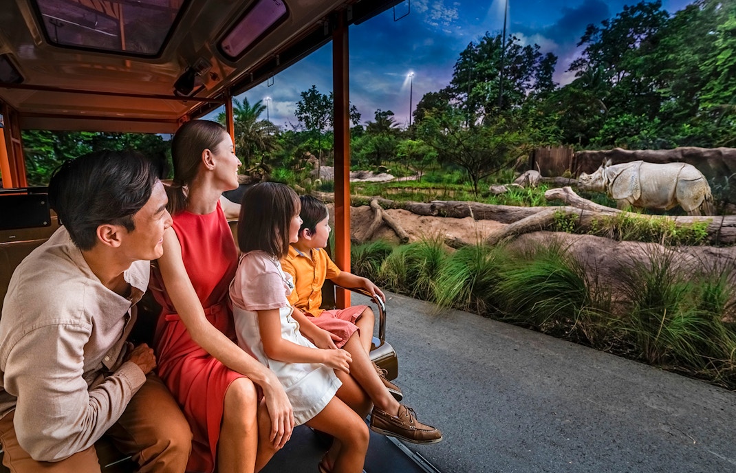 Family on tram viewing rhinoceroses during Singapore Night Safari.