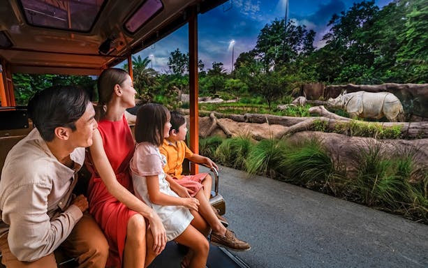 Family on tram viewing rhinoceroses during Singapore Night Safari.