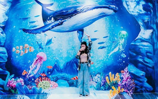 Interactive underwater mural at Singapore Trick Eye Museum with a person posing.