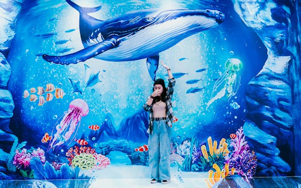 Interactive underwater mural at Singapore Trick Eye Museum with a person posing.