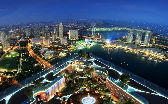 Singapore skyline view from 1-Altitude Gallery with Marina Bay Sands in the background.