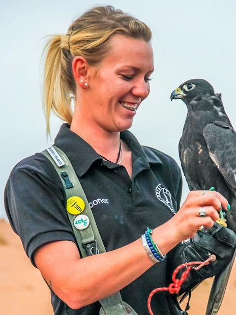 Person holding a falcon during a morning desert safari experience.