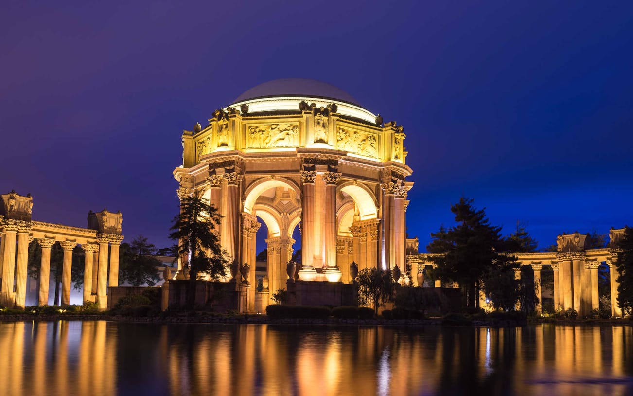 Palace of Fine Arts illuminated at night, San Francisco.