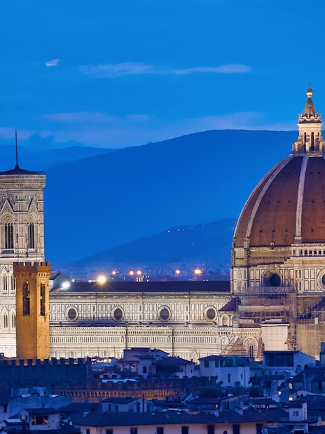 Florence Duomo and cityscape at dusk, view from a guided tour.