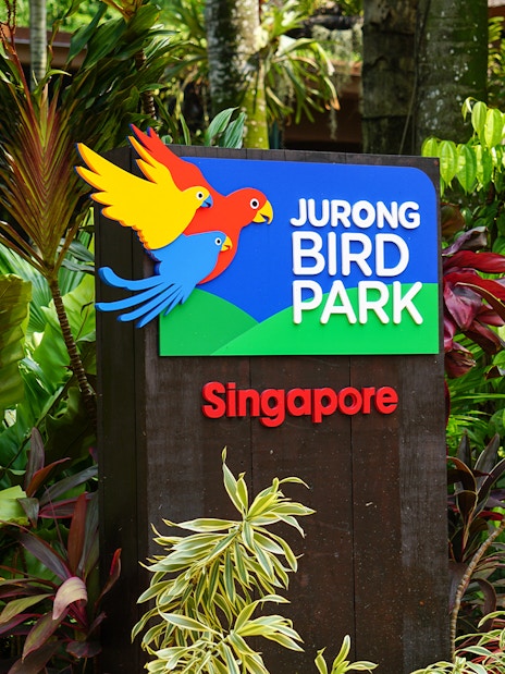 Jurong Bird Park sign surrounded by tropical plants, Singapore.