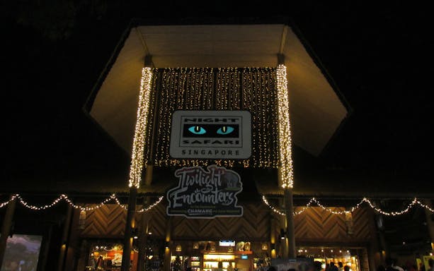 Night Safari entrance illuminated with lights, Singapore.