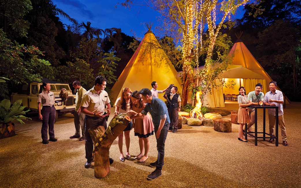 Visitors interacting with animals at Singapore Zoo's Night Safari, with illuminated tents in the background.
