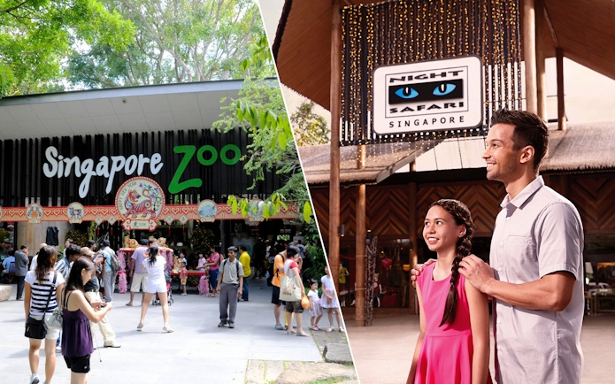 Singapore Zoo entrance and Night Safari sign with visitors.