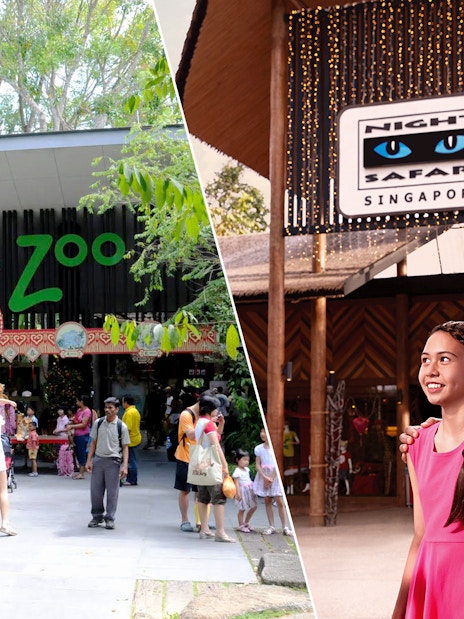 Singapore Zoo entrance and Night Safari sign with visitors.
