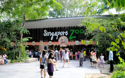 Visitors at the entrance of Singapore Zoo surrounded by lush greenery.