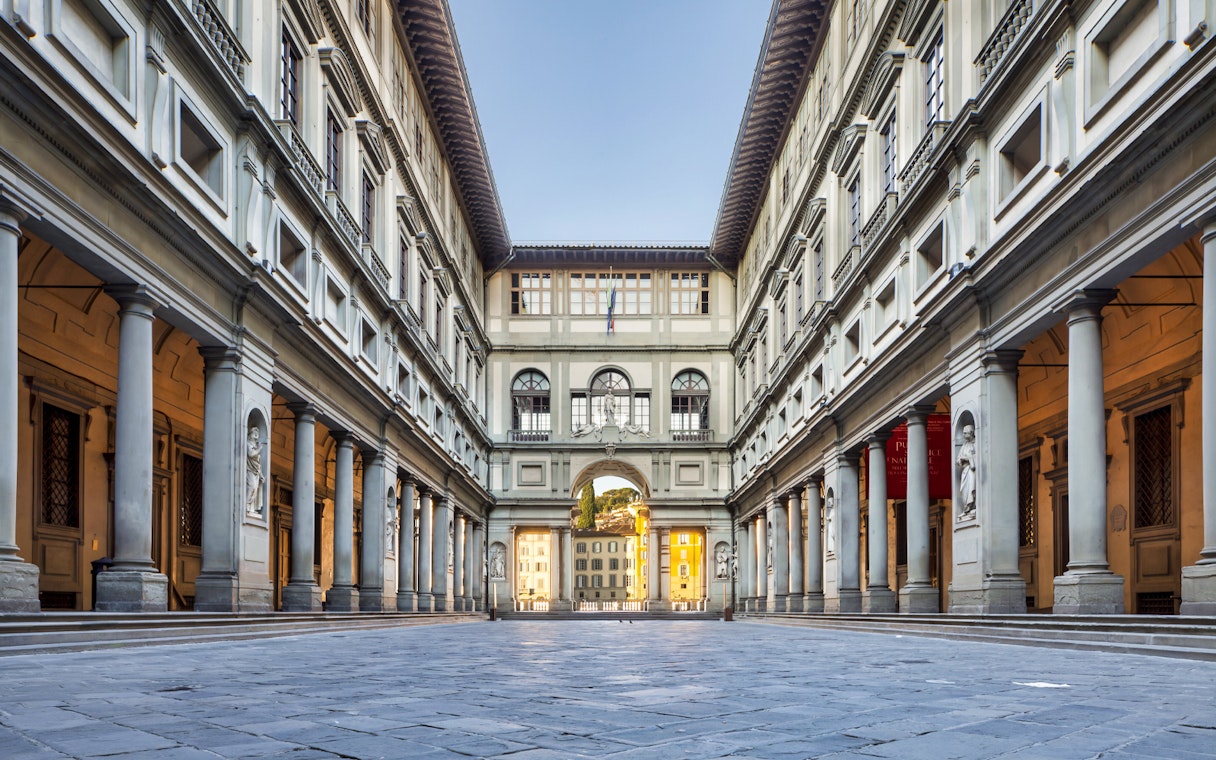 Uffizi Gallery courtyard in Florence, Italy, part of the Florence Duomo and Academia Gallery Guided Tour.