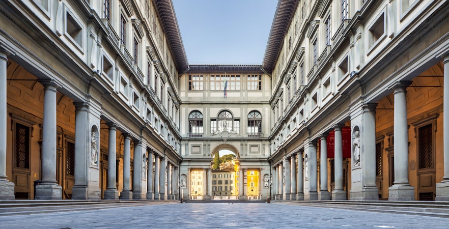 Uffizi Gallery courtyard in Florence, Italy, part of the Florence Duomo and Academia Gallery Guided Tour.
