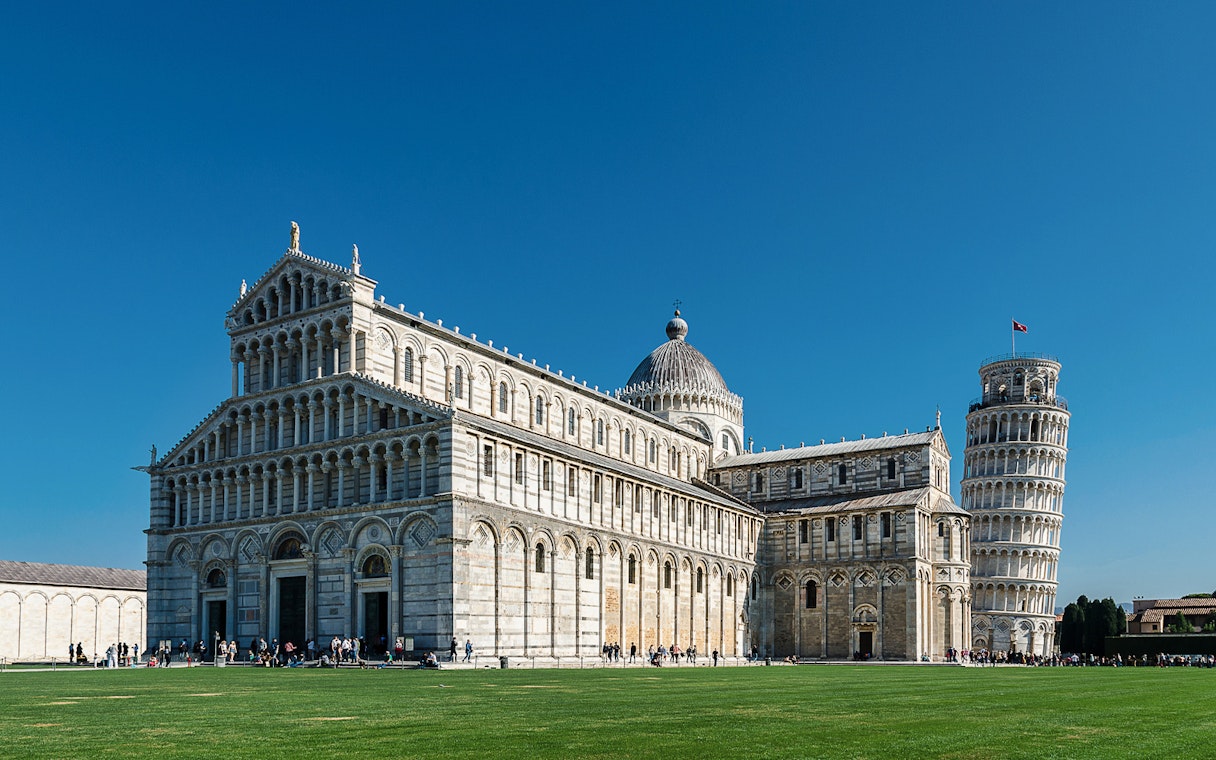 Pisa Cathedral and Leaning Tower in Pisa Monumental Complex, Italy.