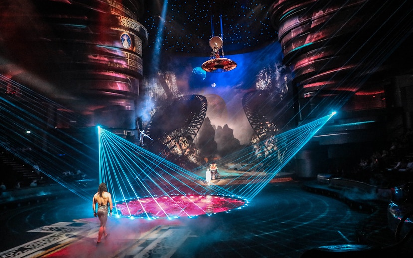 La Perle by Dragone show with performers and vibrant stage lights in Dubai.
