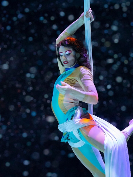 Aerial performer at La Perle by Dragone show in Dubai.