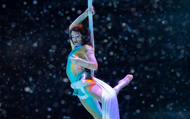 Aerial performer at La Perle by Dragone show in Dubai.