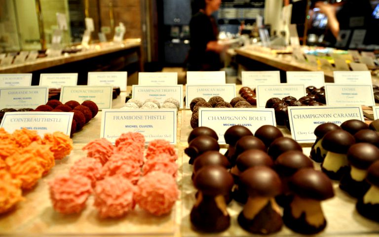 Assorted gourmet chocolates displayed on a counter during a chocolate tour.